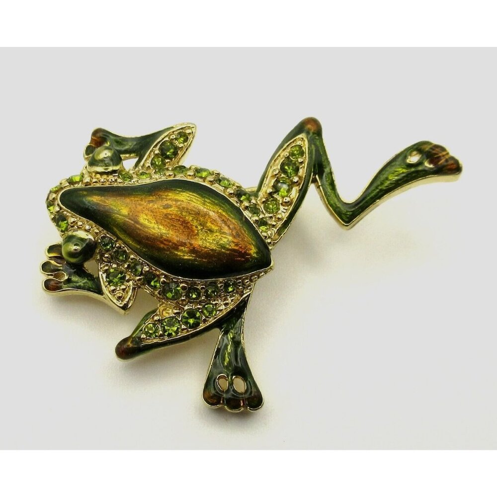 Vintage Climbing Tree Frog Pave Green Rhinestones Enamel Gold Tone Brooch Pin